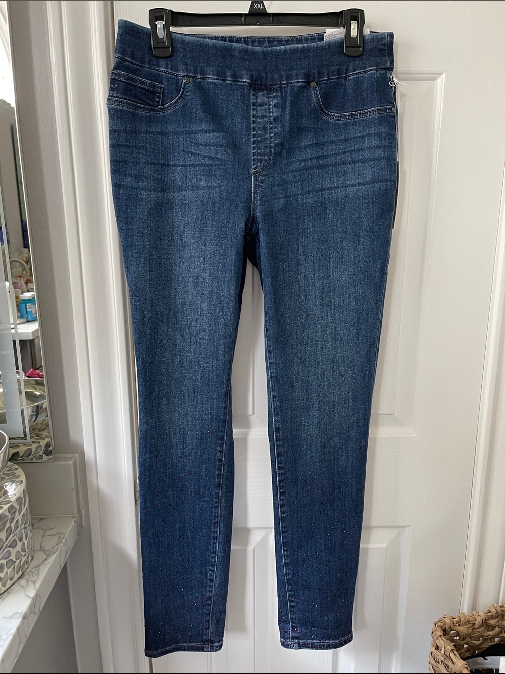 Women’s Dark Blue Stretch Denim Jeans with red sparkle on bottom of legs